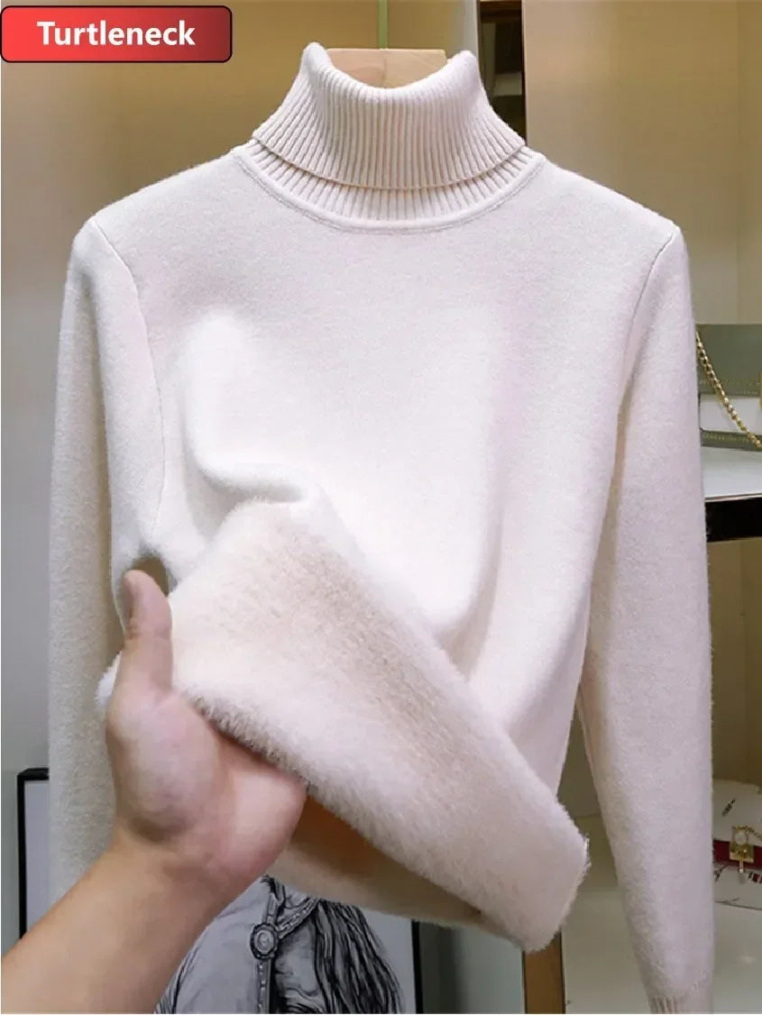 NEW Arrivals Sweater For Women Winter Thicken Turtleneck Slim Knit Pullover New Warm Plush Velvet Lined Knitwear Jumper Tops Casual Female Girls Luxury Fashion Clothing Supplies
