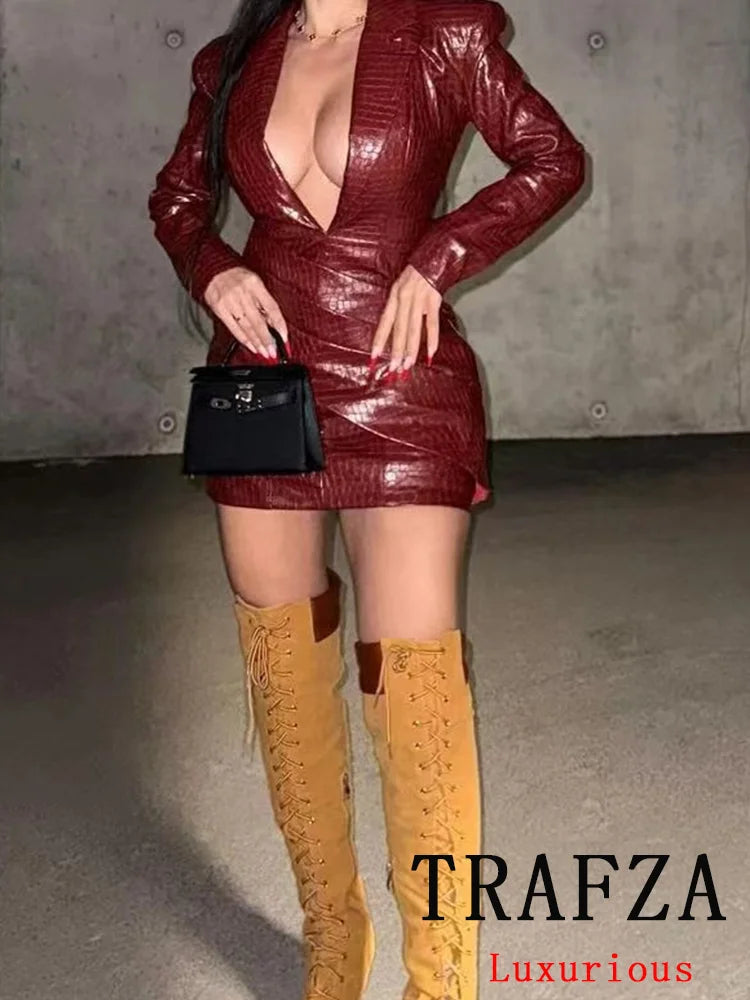 NEW Arrivals  Sexy Crocodile  Leather Women Evening Party Nightclub Dress Solid Red Long Sleeve Mini Sheath Dress New Fashion Autumn Winter Evening Club Dress Ladies Girls Luxury Fashion Clothing Supplies