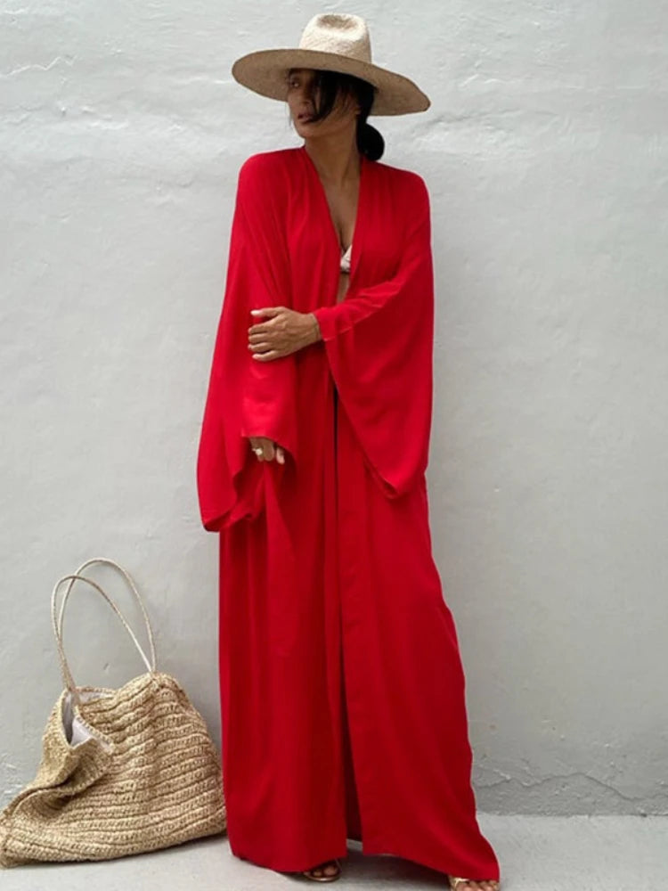 Solid Beach Cover Up Women Self Belted Wrap Kimono Dress Swimsuit New Robe Summer Beachwear Factory Supply