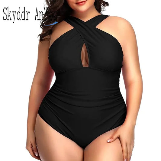 Summer Women Plus Size One Piece Swimsuits Front Cross Tummy Control Black Sexy Swimwear Backless Bathing Suit