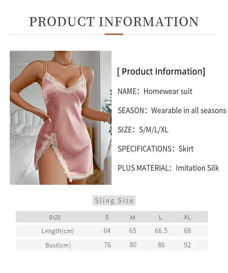 S-XL 5 Colors Summer Contrast Lace Silk Satin Nightdress for Women Sleepwear Deep V Backless Lace Up Split Slip Sleep Dress Nightgown