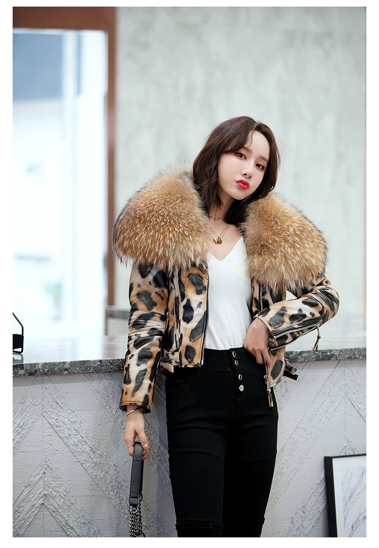 NEW Arrivals S-3XL  Real Raccoon Fur Collar Luxury Winter Women Genuine Leather Short Brand Women Sheepskin Leopard Motorcycle Jacket Big Fur Collar Slim
