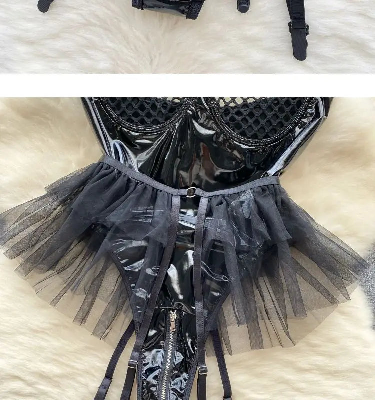 Women Sexy Halter PU Leather Patchwork Mesh Jumpsuit Bunny Girl Cosplay Uniform Lace Slim Hollow Out Bodysuit Short Skirt Pant Female Lingerie Fashion Clothing Apparel Supplies