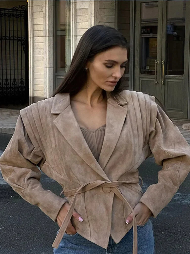 NEW Arrivals UK Size 3 Colors Women High Street Leather Jacket Versatile Brown Long Sleeves V-Neck Lace-Up Jacket Coats Winter Causal Chic Female Outwear