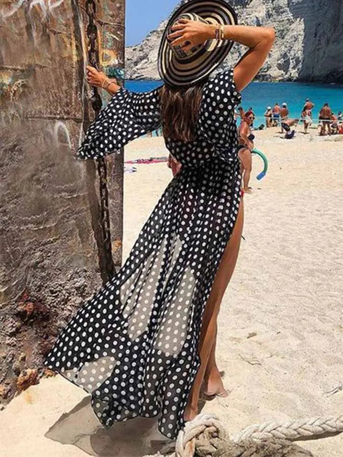 Polka Dot Printed V-Neck One Piece Swimsuit and Cover Up Women Fashion Swimwear Beach Outfits Luxury Bathing Suit Beachwear