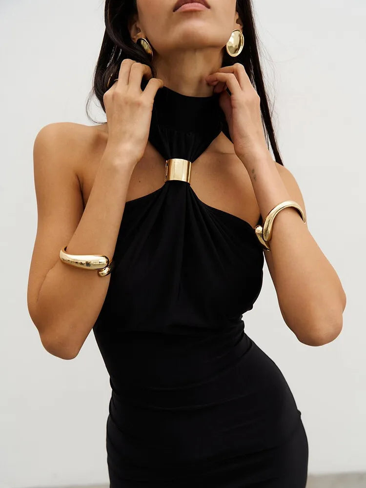 NEW Arrivals UK Size Black/White Color Turtleneck Off-shoulder Sexy Knit Maxi Dress For Women Gown Metal Buckle Strapless Sleeveless High Waist Knitted Dress