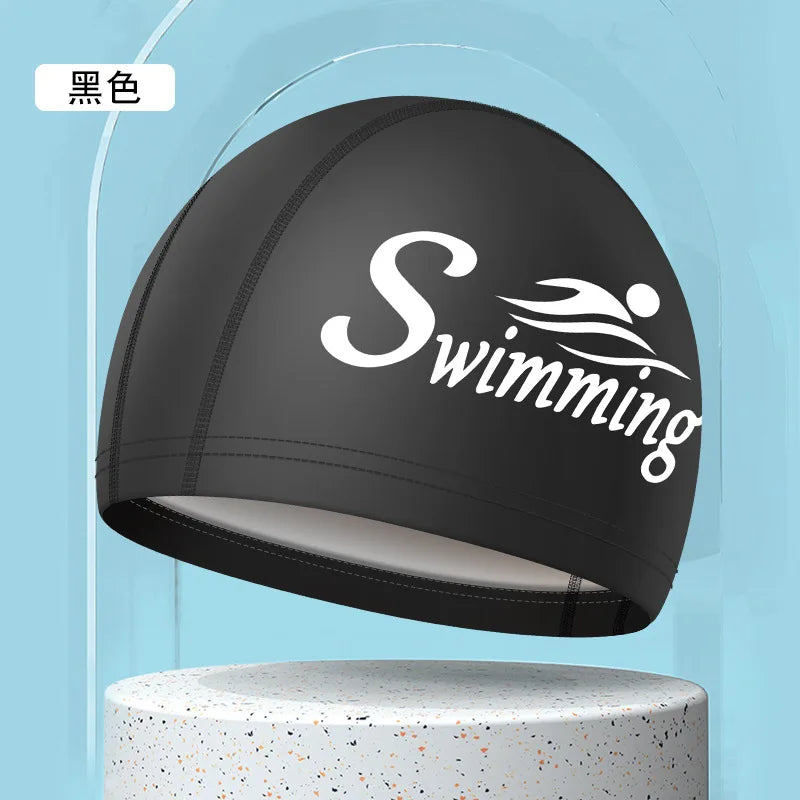 Swim Caps for Women Men Universal Large Size Long Hair Ear Protection Swimming Caps PU Waterproof Letter Printed Swimming Cap Bathing Accessories Sports Supplies