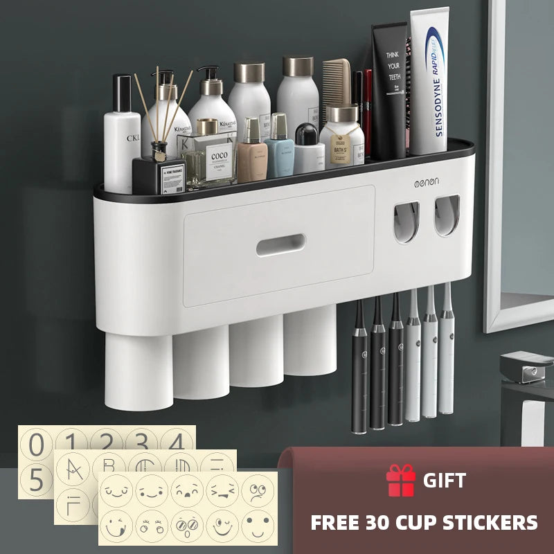 NEW Arrivals  Wall Mounted 5 Cups Toothbrush Holder Magnetic Adsorption Inverted Toothpaste Squeezer Double Automatic Toothpaste Dispenser Bathroom Accessories