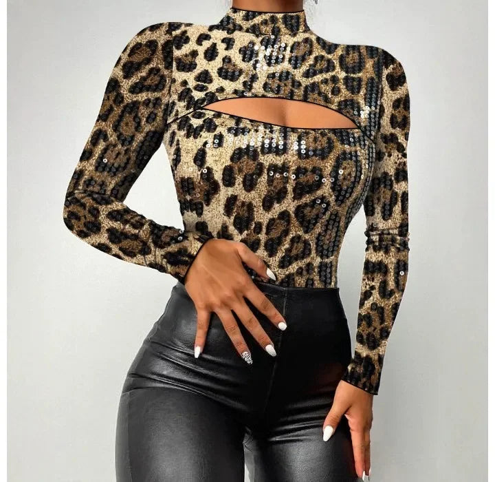 NEW Bodysuit Women Fall New Leopard Shirt Leopard Pattern Mock Neck Long Sleeve Skinny Contrast Sequin Hollow Out Overalls Ladies Sexy Fashion Clothing Supplies