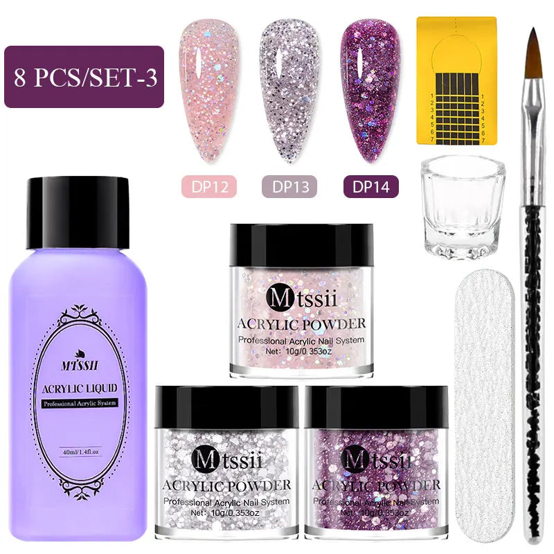 8pcs Nail Acrylic Powder Liquid Set Clear Nude Pink Monomer Liquid Set With Nail Brush For Nails Extension Carving Flower DIY Women Beauty Salon Spa Accessories Nail Care Tools Set