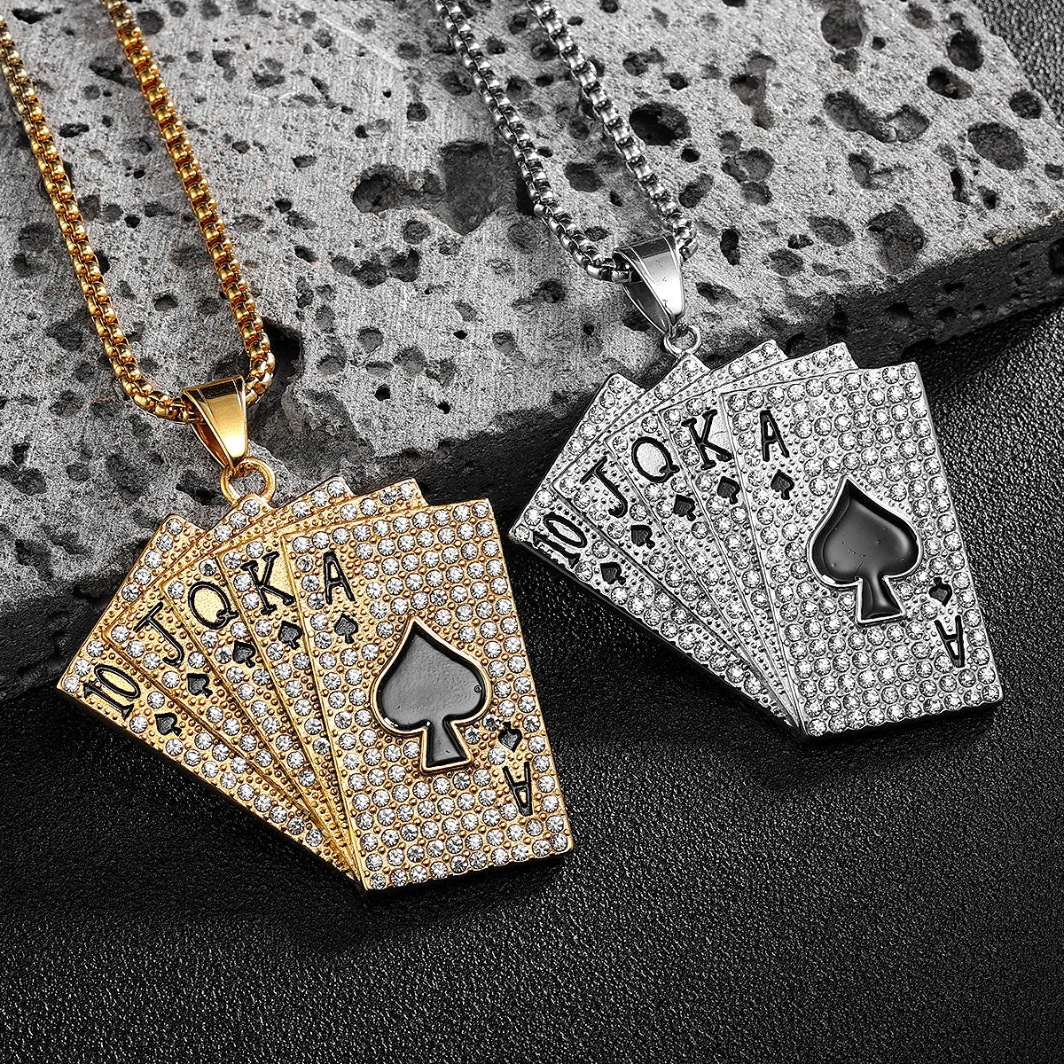 For Poker Lovers Lucky Poker Rhinestones Flush Gemstone Men Necklaces With Pendant Stainless Steel Jewelry Women Punk Hip Hop Accessories Gifts