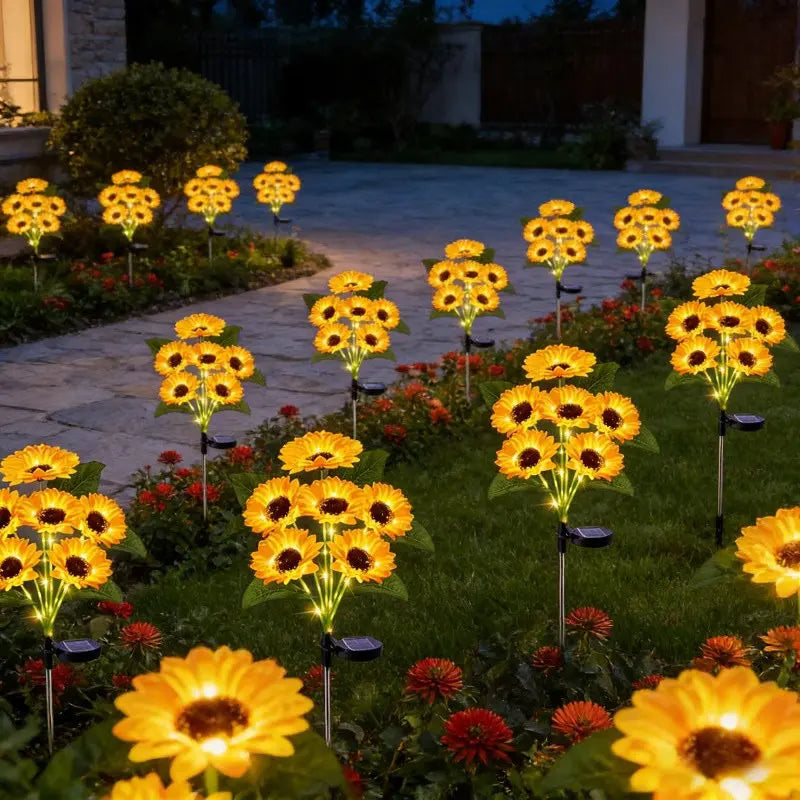 2 PCS Bouquet (12 Heads) Home Villa Solar-Powered Outdoor Decorative Lawn Lights LED Sunflower Decor Pathway Ground Stake Light for Garden Street Patio Balcony Yard