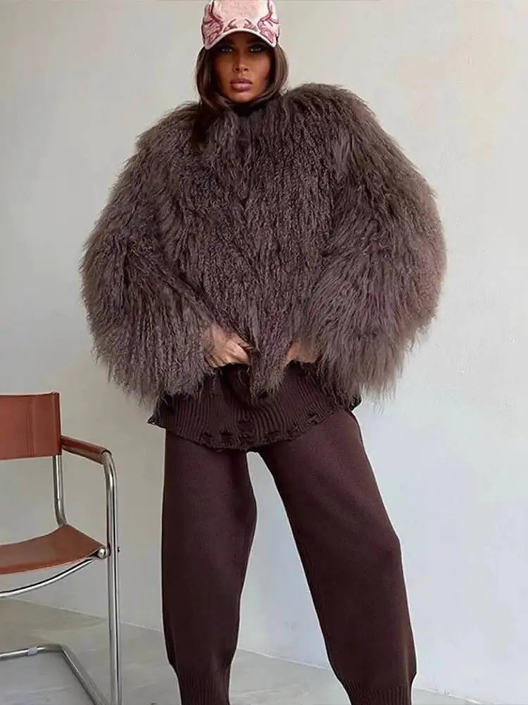 S-XL UK Size 4 Colors Fashion Brown Faux Fur Coat Women's Round Neck Loose Long Sleeves Thick Plush Short Jacket Winter New 7A1041