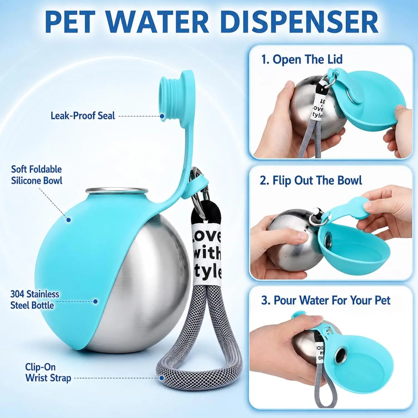 2 in 1Portable Foldable Outdoor Walking Dog Water Bottle, Plastic/Stainless Steel/Printed Pet Water Dispenser Silicone Feeder Drinking Cup Foldable Bowl Leak Proof Small/Large Dog Water Bottle
