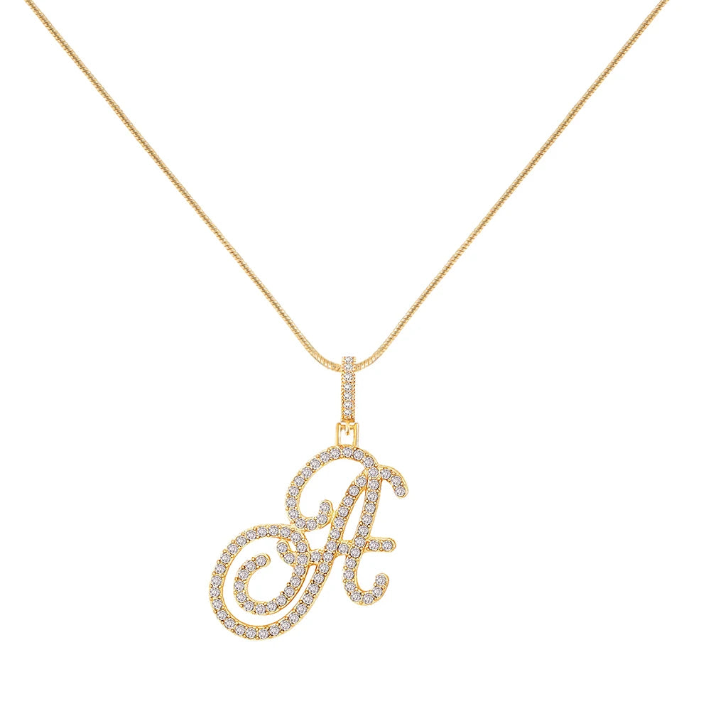 Women’s A-Z Rhinestones Initial Letters Pendant Necklace, CZ Paved Initial Charm with Snake Chain, Elegant Iced Out Bling Jewelry Gifts