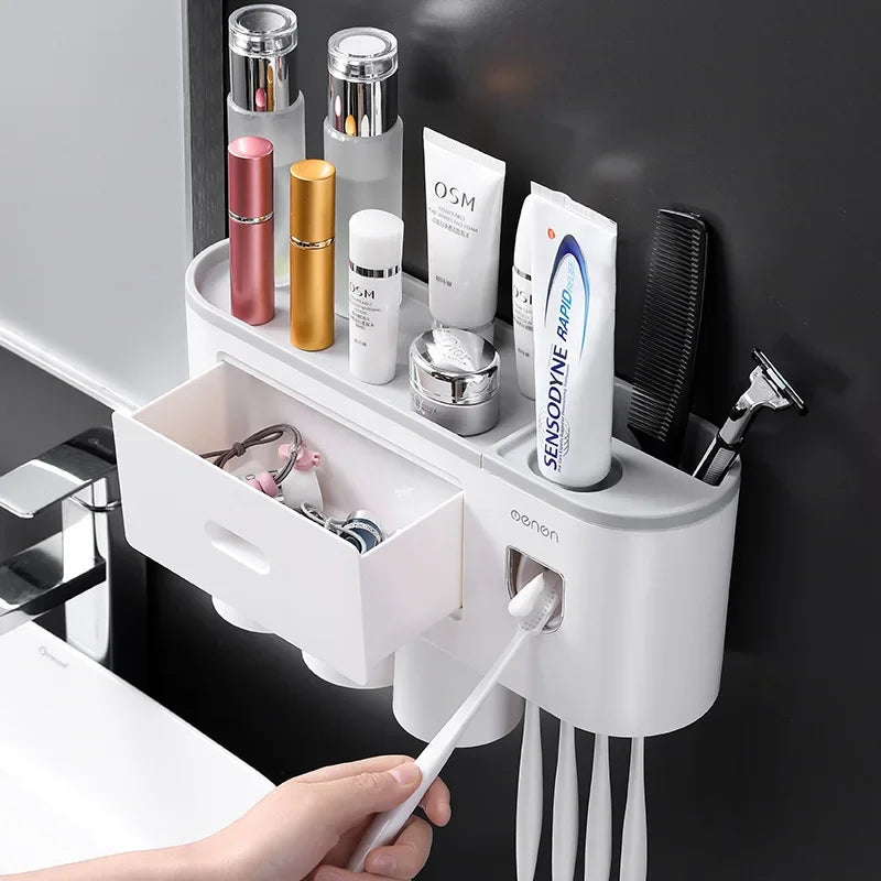 NEW Arrivals Wall-Mounted Magnetic Toothbrush Holder Automatic Toothpaste Dispenser Strong Adsorption Magnetic 5 Cups Bathroom Accessories Sets