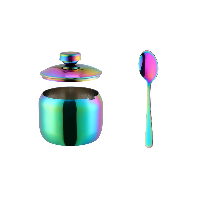 3 PCS Luxury Set + 3 Matching Spoons 304 Stainless Steel Gold Seasoning Condiment Pot Set Spice Salt Sugar Container Pepper Jar Tool with Lid and Spoon Holder Rack Home Tableware Tools Sets