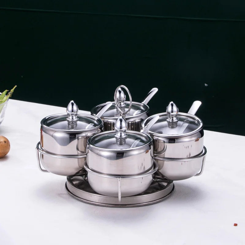 Home Villa Restaurants Hotels Household Luxury 304 Silver/Gold Color Stainless Steel Seasoning Tank Buffet Restaurant Hotel Seasoning Salt Storage Tank with Holder Rack Home Kitchenware Tools Sets
