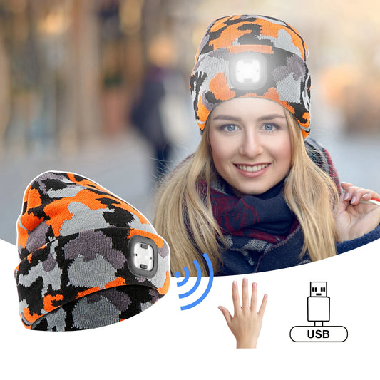1pc LED Camouflage Brimless Hat With Light, USB Rechargeable Sensor LED Beanie Cap Outdoor Headlight Cap, Winter Warmth Knitted Night Hiking  Cyclist Running Hat Sports Apparel Accessories