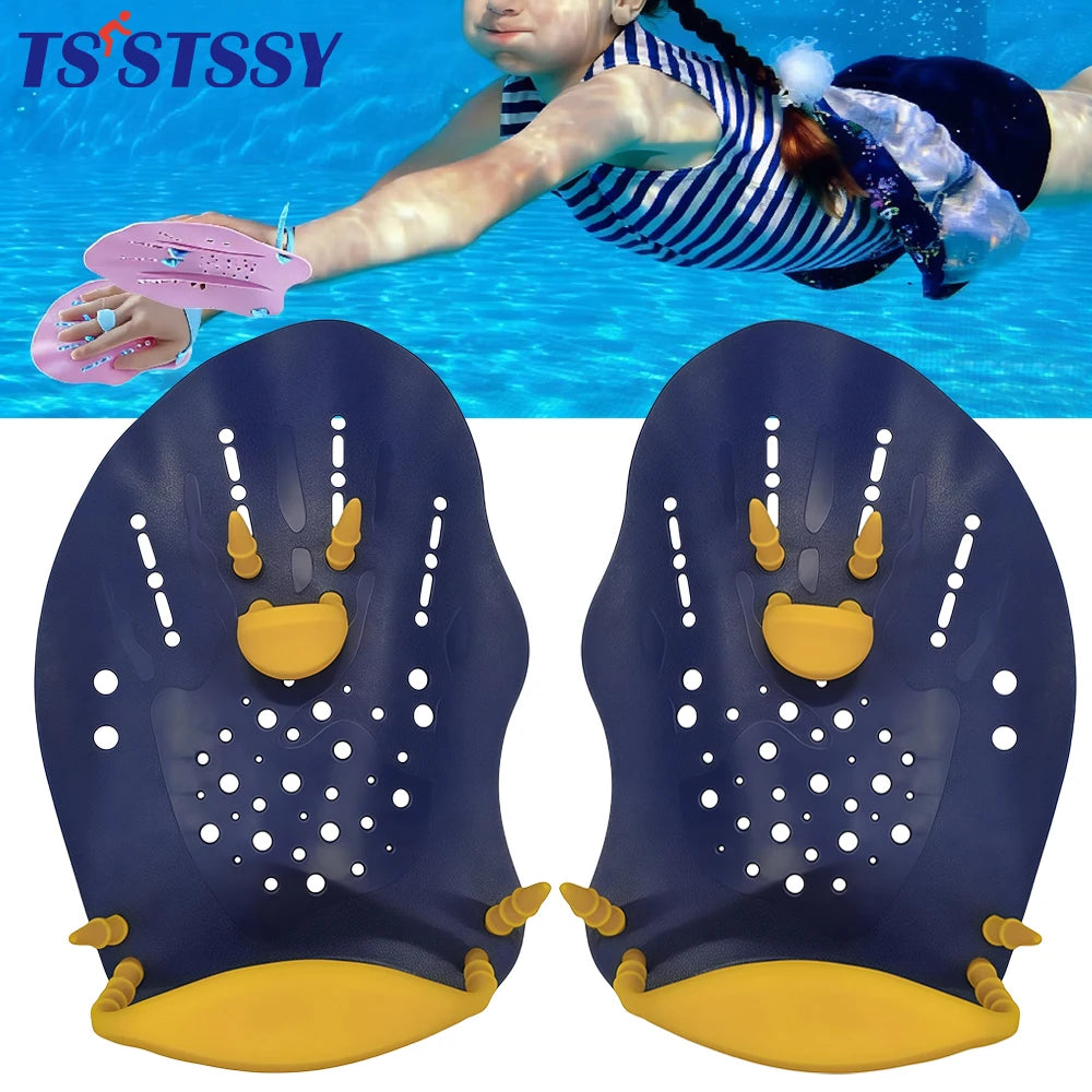 Adults and Kids S-L Size 1Pair Power Swim Silicone Hand Paddles for Lap Swimming - Adjustable Straps - Lap Swimming Gears - Hand Paddles Beach Water Pool Swimming Accessories Bathing Supplies