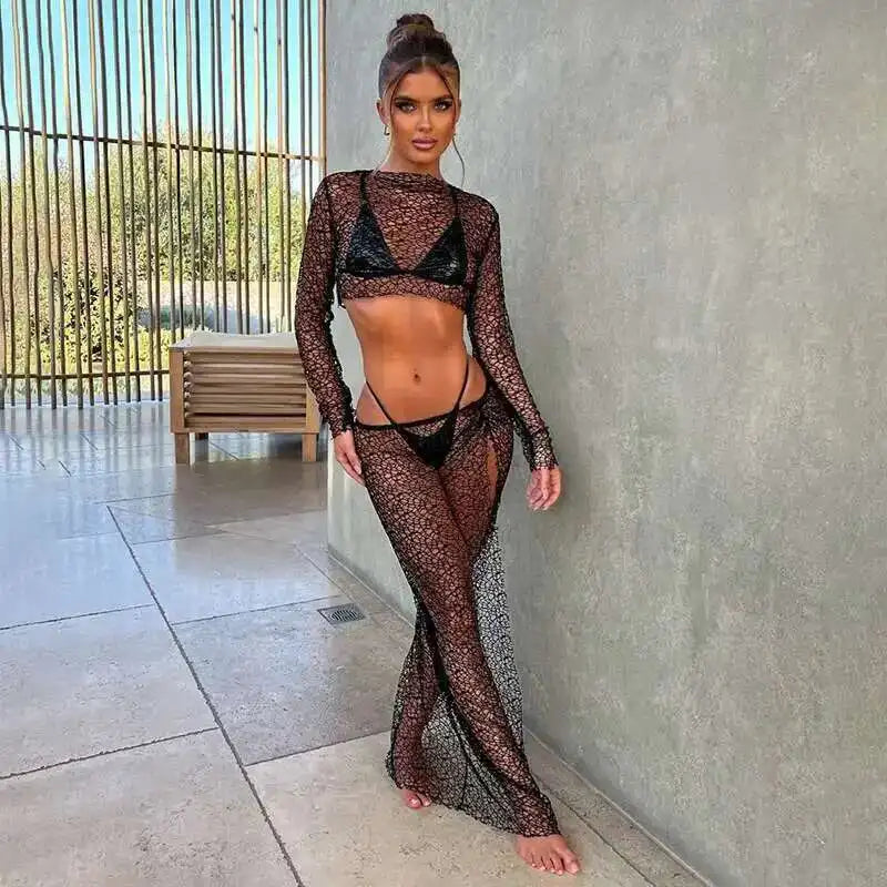 NEW 2PCS Set 5 Colors Perspective Grid Sexy  Long Sleeve Top Split Long Skirt Women Set Elegant Casual Women Set