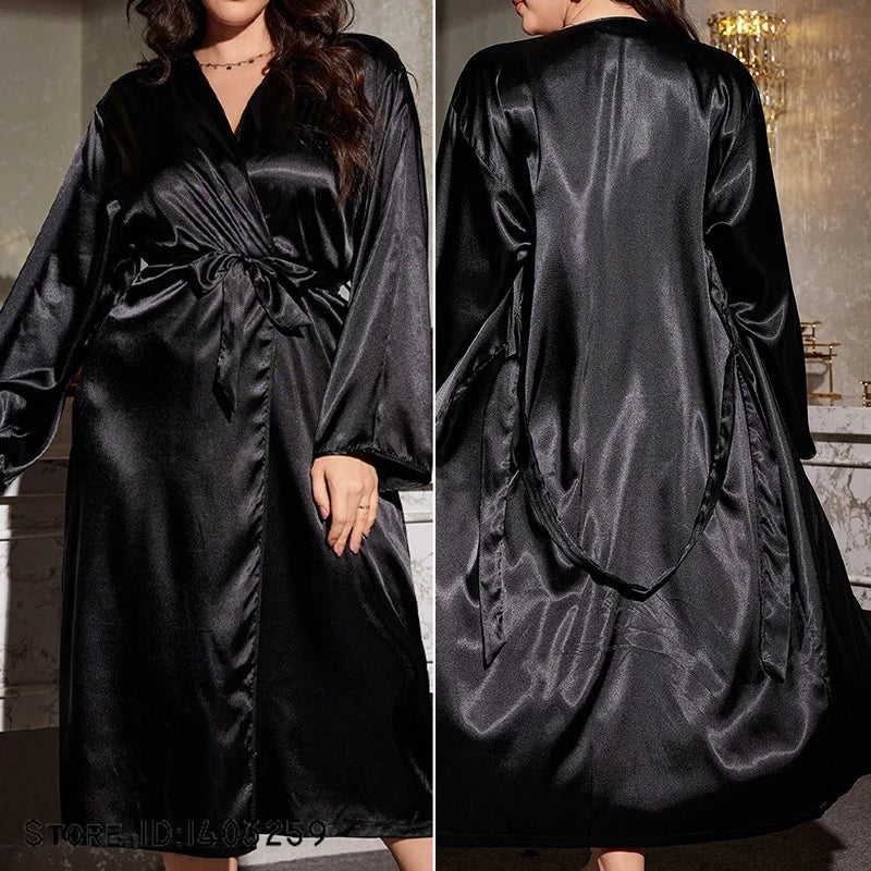 Plus Size XL-5XL 4 Colors Female Long Ice Silk Robe Sleepwear Spring Summer New Satin Kimono Bathrobe Gown Loose Casual Silk Satin Home Dress Lounge Wear