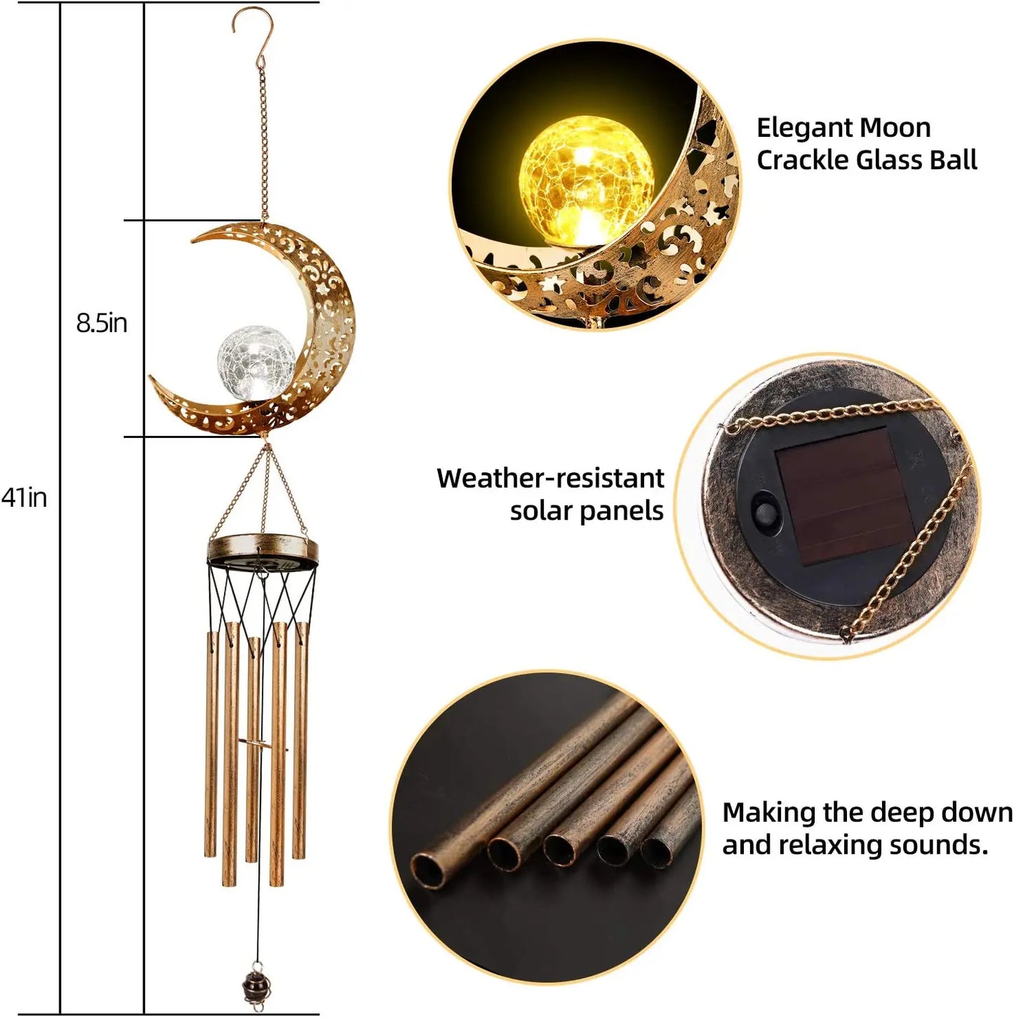 NEW Arrivals Moon/Star/Sun Wind Chimes Outdoor Glowing Moon Sun Stars Solar Glowing Wind Chime Metal Tubes Wind Bells for Home Decor Waterproof Chimes Gift