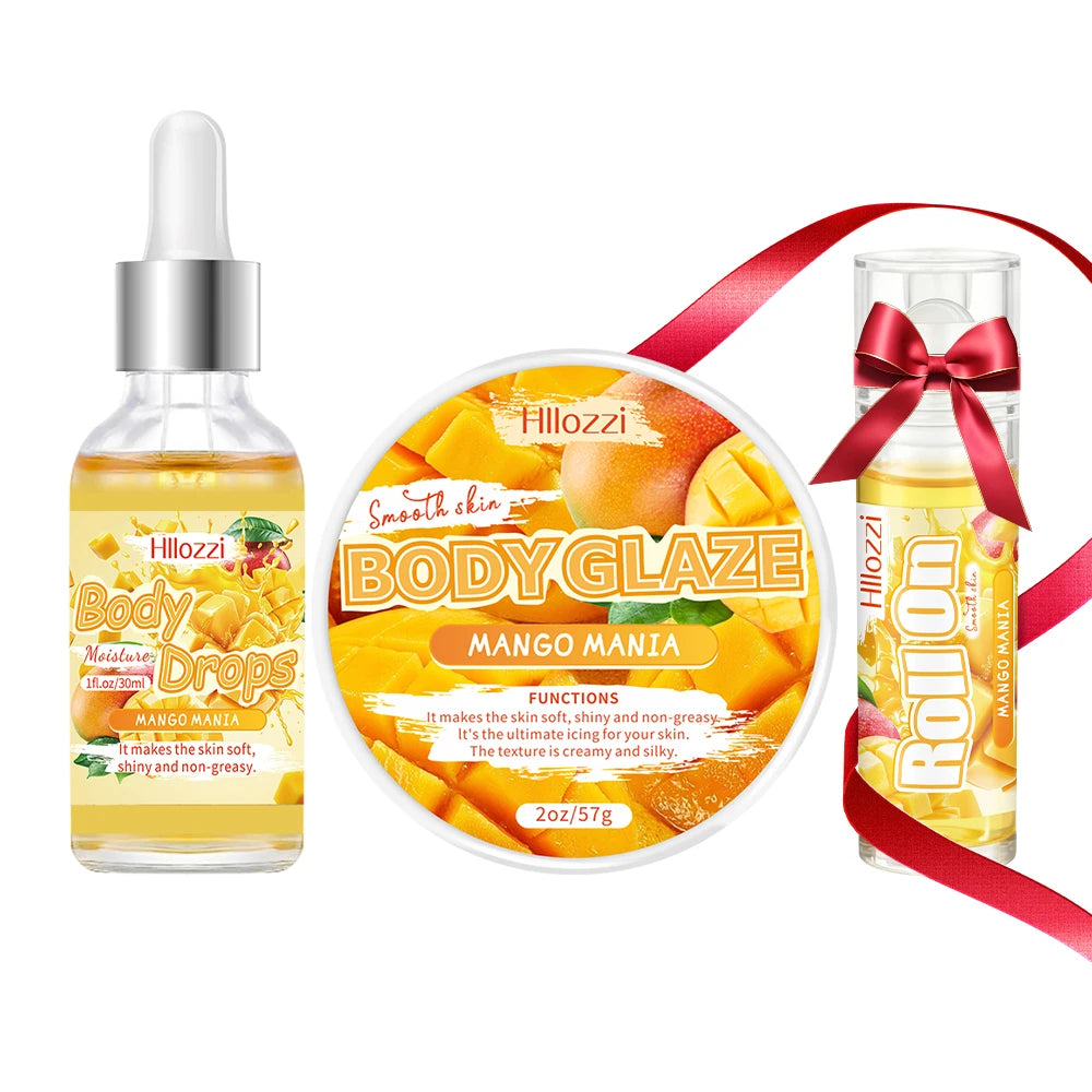 3 PCS Set Mango Body Glaze Drops and Oil Set includes a Rollerball Applicator, Suitable for Dry Skin, Providing Moisturizing Hydrating Skin Care Sets Korean Products