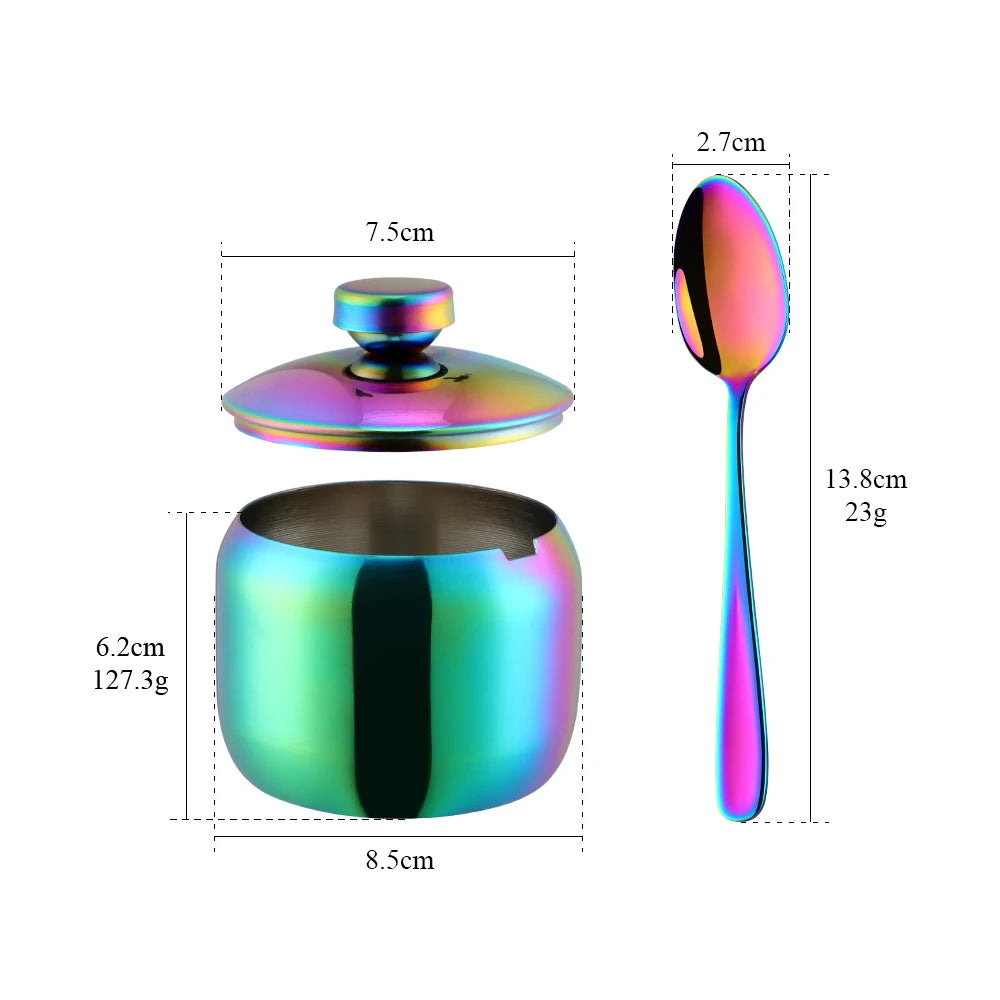 3 PCS Luxury Set + 3 Matching Spoons 304 Stainless Steel Gold Seasoning Condiment Pot Set Spice Salt Sugar Container Pepper Jar Tool with Lid and Spoon Holder Rack Home Tableware Tools Sets