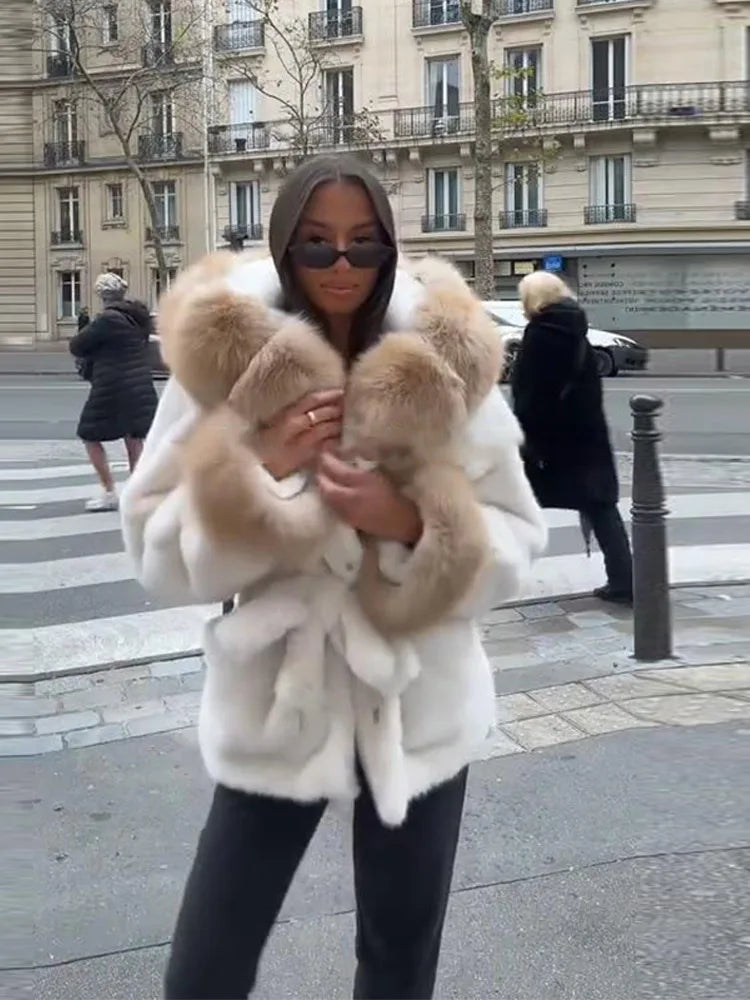 UK Size White/Gray/Brown/Black Color Hoody Mink  Fur Furry Coats Women Fashion Belt Long Sleeve Pocket Thicken Warm Jacket Autumn Winter Urban Lady Streetwear