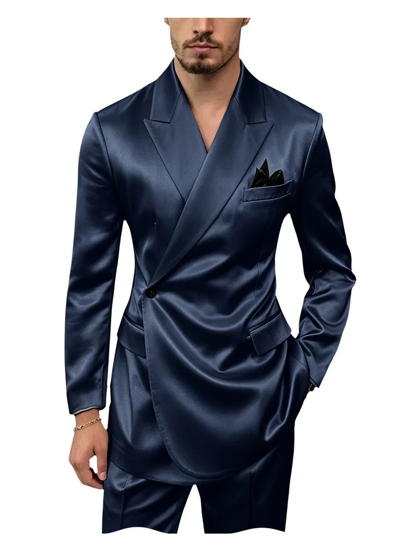 8 Colors 2 PCS Set S-7XL Extra Plus Size Men's Luxury Satin Suit Asymmetrical Wrap Peak Lapel Silk Suit One Button Slim Fit Blazer Pants Wedding Celebrity Red Carpet Business Formal Evening Luxury Outfit