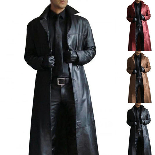 NEW Arrivals S-5XL Plus Size Men Jacket Turn-Down Collar Smooth PU Leather Men Fall Coat Windproof Streetwear Slim Fit Long Sleeve Men Trench Coat