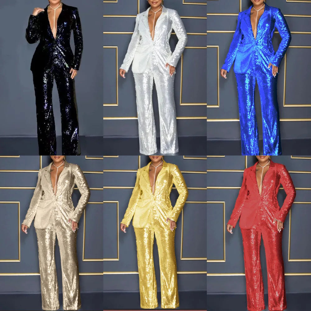 2 PCS Set S-2XL Long Sleeve V-Neck Shiny  Luxury Blazer Pants + Coats Suit Elegant Evening Party Set for Women Stylish Trendy Ensemble