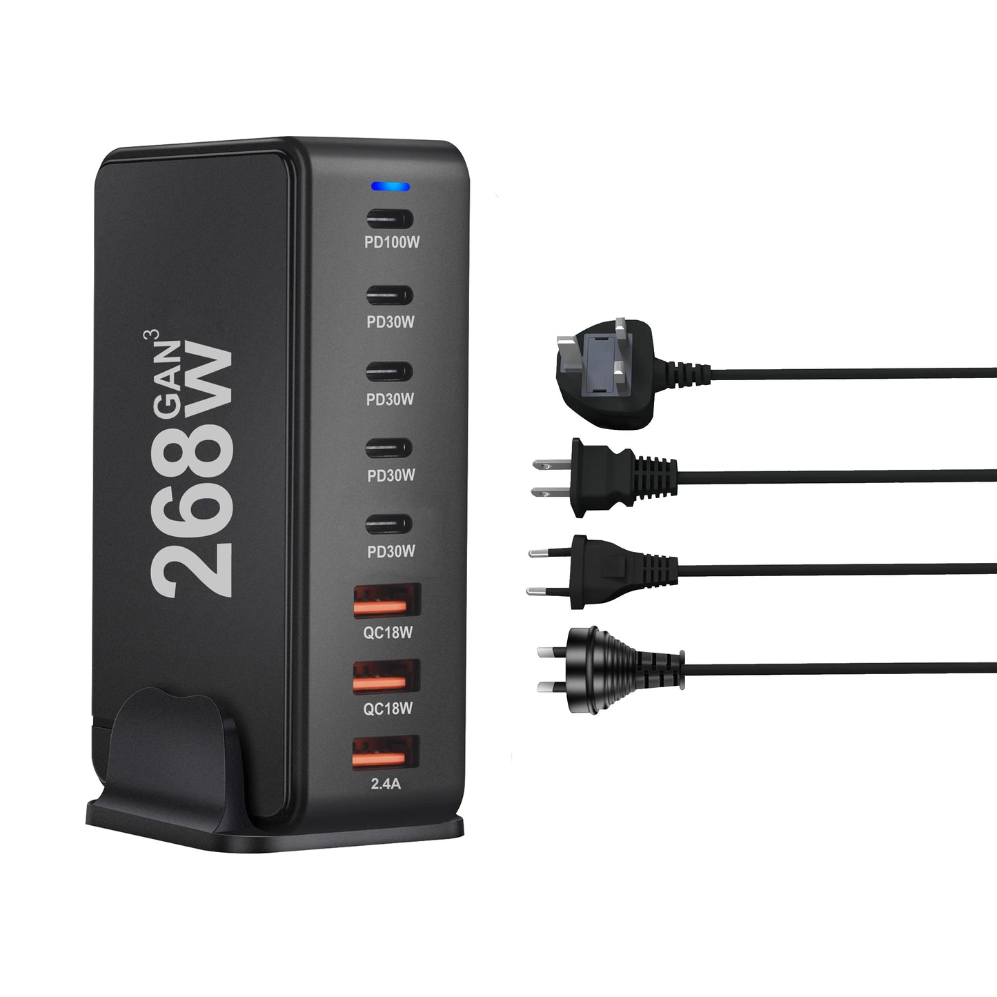 268W Desktop GAN Charger 8-Port USB Type C PD Charger Fast Charge 3.0 USB Type C Fast Charger Mobile USB Charger