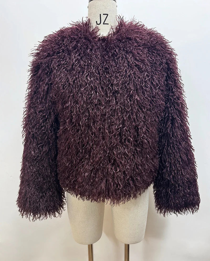 S-XL UK Size 4 Colors Fashion Brown Faux Fur Coat Women's Round Neck Loose Long Sleeves Thick Plush Short Jacket Winter New 7A1041