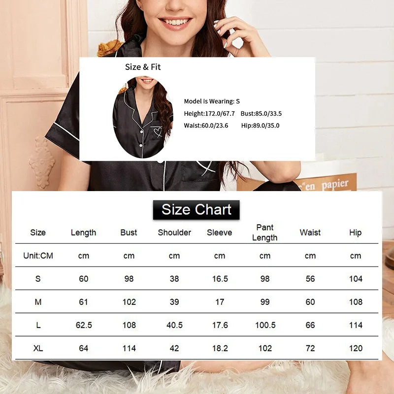 Women's Pajama Pocket Heart Embroidered Pajama Set Satin Comfortable Short Sleeve Button Pajamas Lounge Pant For Women Sleepwear