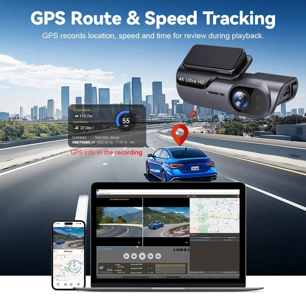 4K UHD Car GPS Dash Camera 10 Languages 64/128G DVR Night Vision Pedestrian Detector Video Recorder with GPS Wi-Fi 24H Parking Monitoring Support for Vehicle Safety Supplies