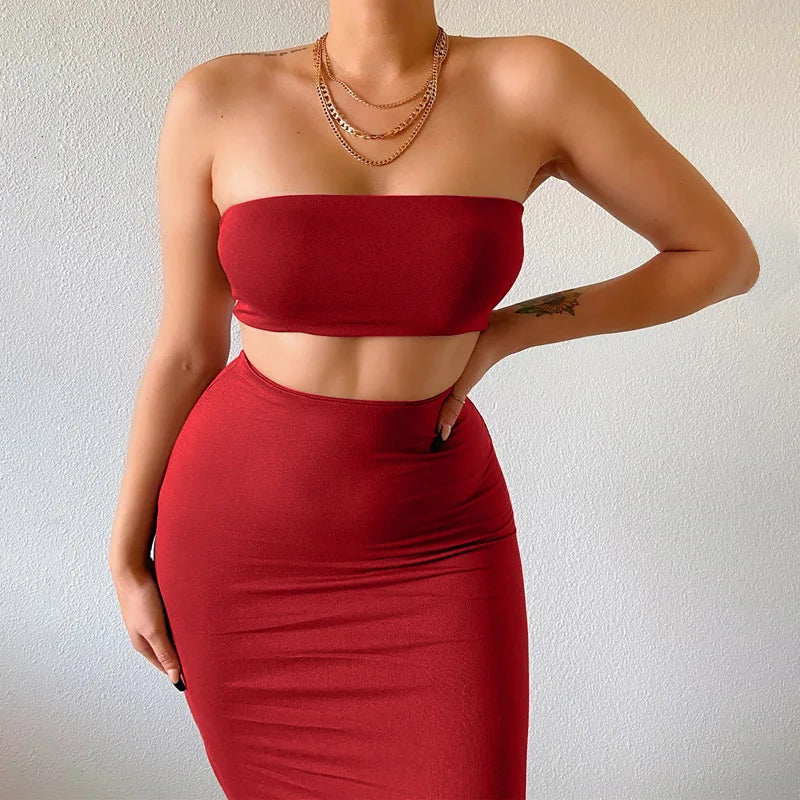 2 PCS Set  5 Colors  European Women's Summer New Fashion Bustier Top with Shrink Fit and Slimming Bodycon Clothes Party Festival Dress Set