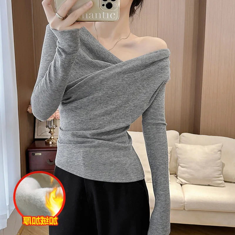 NEW Arrivals S-XL 3 Colors Popular Online Thickened Fleece Long Sleeve Women's Base Shirt Shoulder Bared Oversize Casual Fashion Trend Spring Autumn Ladies Clothes