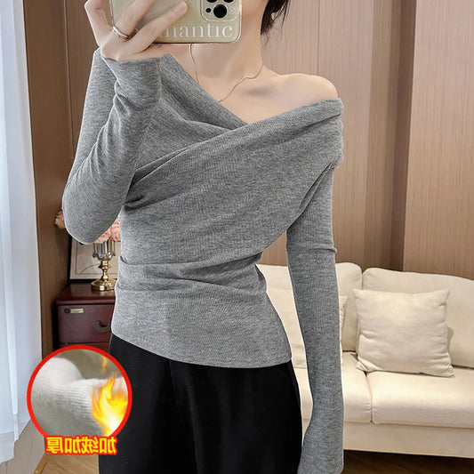 NEW Arrivals S-XL 3 Colors Popular Online Thickened Fleece Long Sleeve Women's Base Shirt Shoulder Bared Oversize Casual Fashion Trend Spring Autumn Ladies Clothes