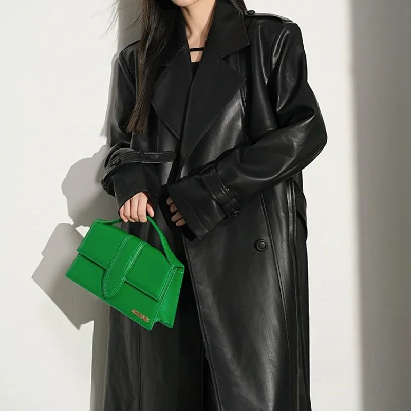 NEW Arrivals Ruffled and Handsome Leather Jacket for Women's Spring and Autumn Casual Retro Shoulder Windbreaker Coat Evening Party Office Lady Long Coats Female Luxury Fashion Clothing Supplies