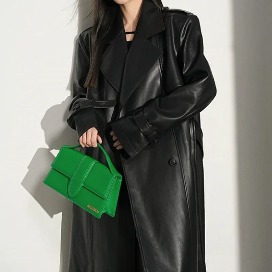 NEW Arrivals Ruffled and Handsome Leather Jacket for Women's Spring and Autumn Casual Retro Shoulder Windbreaker Coat Evening Party Office Lady Long Coats Female Luxury Fashion Clothing Supplies