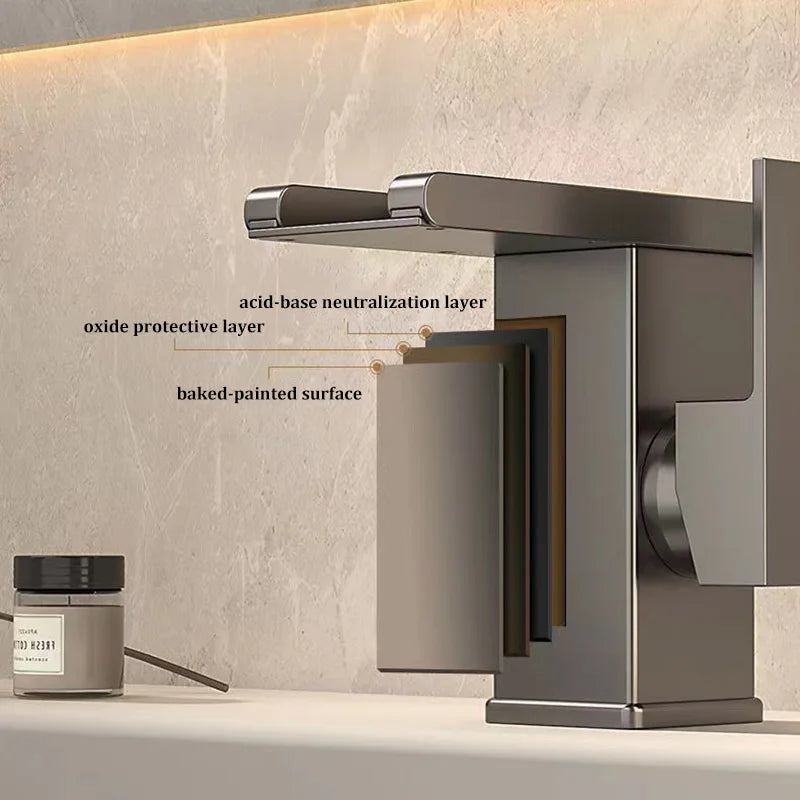 NEW Arrivals Luxury Basin Waterfall Style All-Copper LED Light Luminous Faucet Bathroom + 80cm Hot Cold Pipe Above Counter Basin Household Hot and Cold Water Faucet