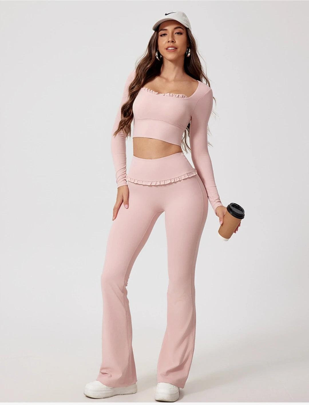 2PCS Set S-XL 6 Colors Naked Square Neck Yoga Set Sports Fitness High Waist Nude Quick-drying Long-sleeved Outdoor Running Workout Clothes Gym Suit