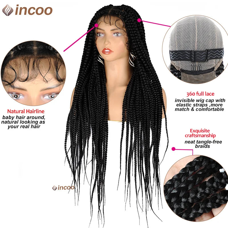Large Box Braided Wigs Jumbo Knotless Full Lace Front Synthetic Wigs For Black Women Jumbo Tribal Braids Faux Locs Cornrows Wig