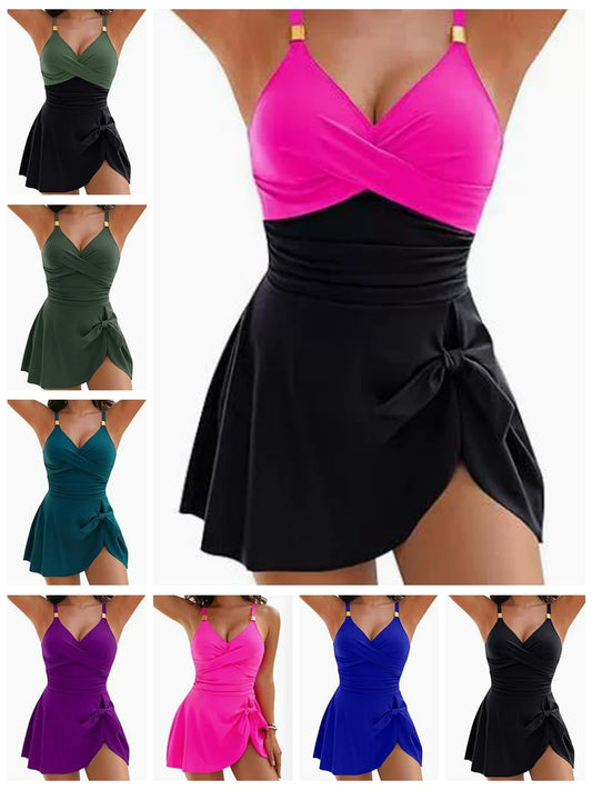 S-2XL 8 Colors Women New Swim Dress Tummy Control Sexy One Piece Slim & Comfortable Ruched & Cross Swimwear Elastic Beachwear Bikini Cover Ups Dress