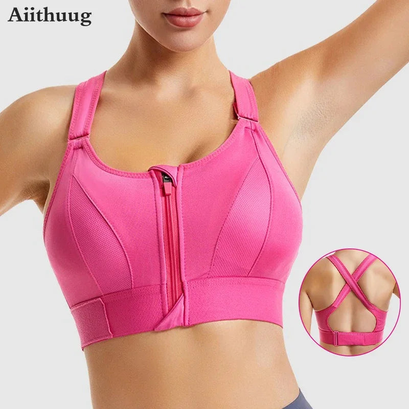 Sexy Zip Front Closure Strappy Cross Yoga Bra Women's Padded Shockproof Gathered Seamless Wireless Sport Gym Bras