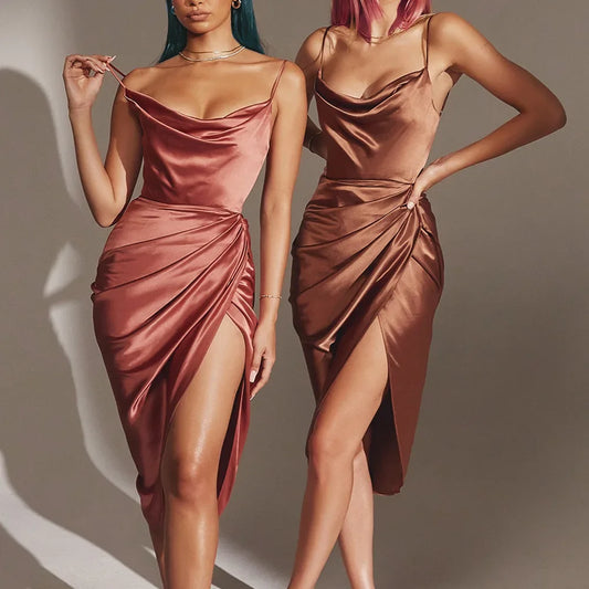 New S-XL 6 Colors Ruched Satin Summer Dress Drawstring Spaghetti Straps Cowl Neck Backless Long Dresses for Women Party Sexy Vestidos