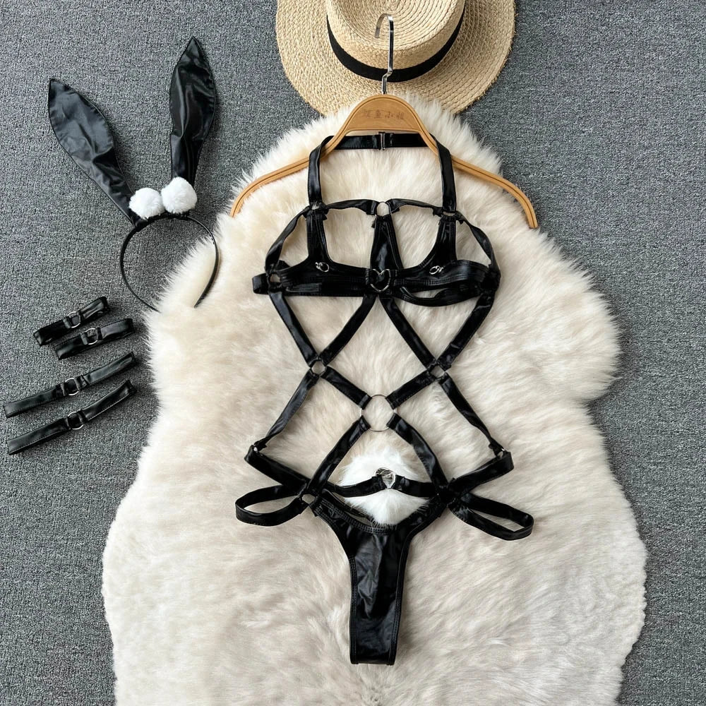 Women Preppy Style Sexy Uniform Sets 2024 V Neck Sheer Top+Lace Up Mini Skirt+Thongs Hollow Out Cosplay Porn Suits