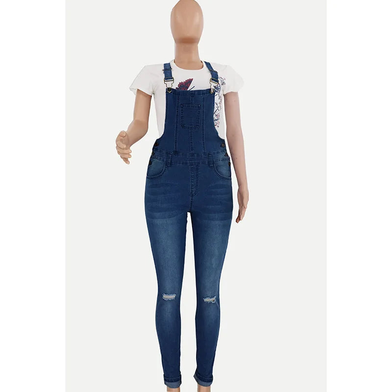 New Arrivals Woman Ripped Denim Jumpsuit Fashion Casual Sling Pants Jeans Jumpsuit S-2XL Global Girls Casual Fashion Apparel Supplies
